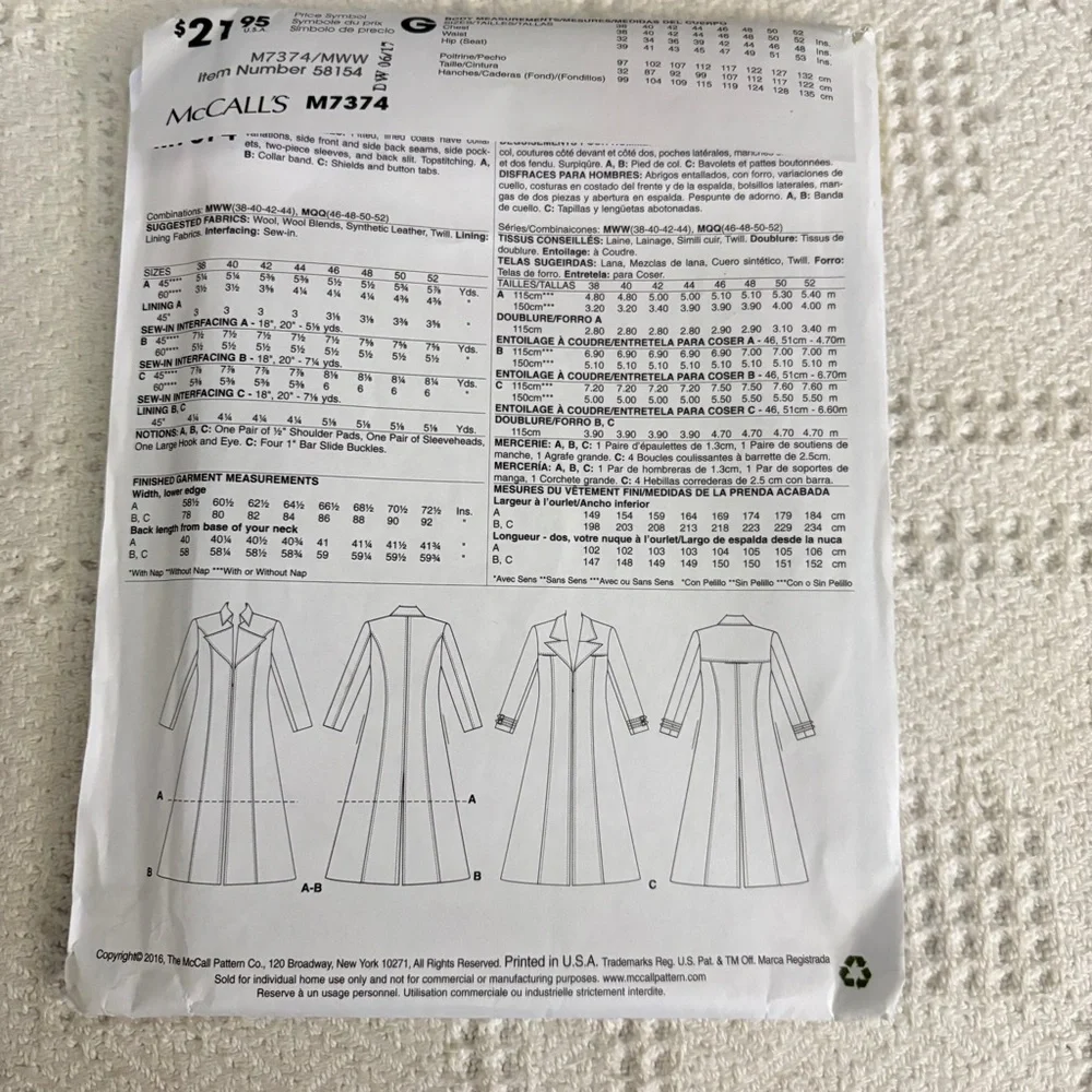 McCalls Cosplay Pattern by YaYa Han, M7374 MWW, for Men’s Costume Coat